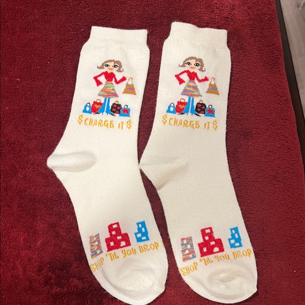 White $Charge it$ Shop Til You Drop Graphic Socks - Picture 2 of 7
